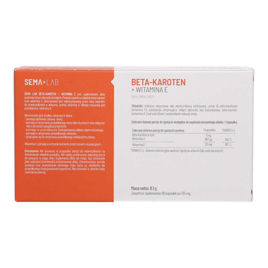 SEMA Lab Beta-Carotin + Vitamin E, 60 Weichkapseln