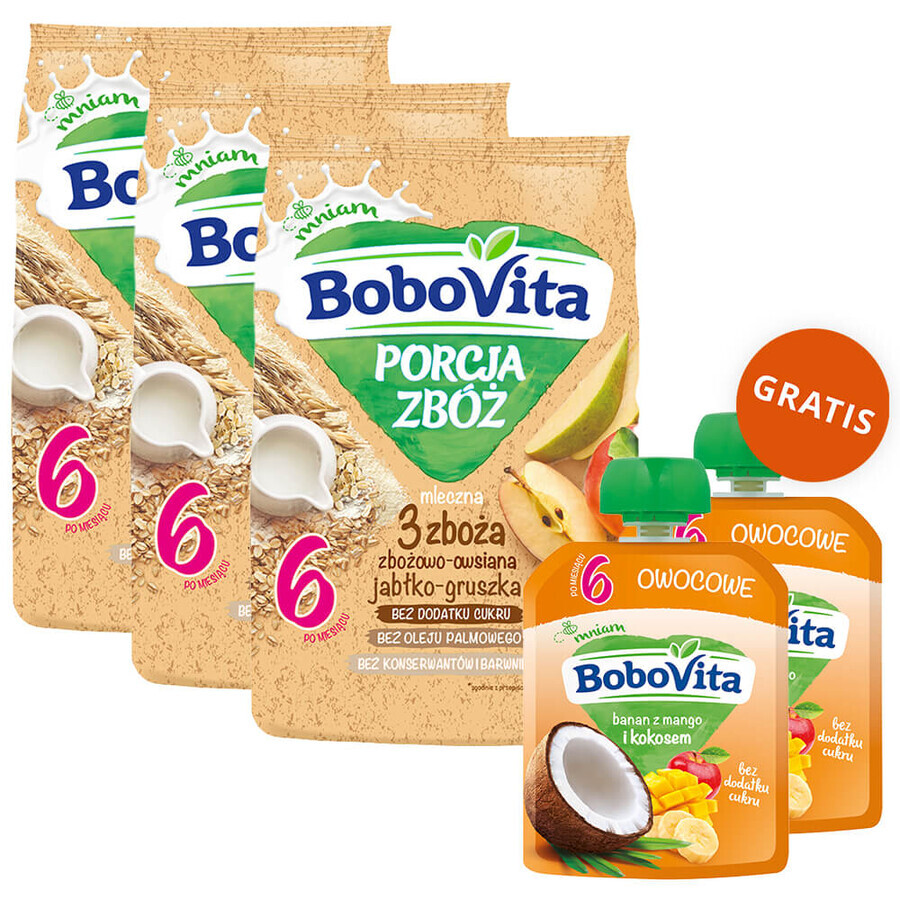 BoboVita Porcja Zbóż Brei Getreide 3 Getreide, Apfel und Birne, Milch, nach 6 Monaten, 3 x 210 g + Mousse in der Tube, Banane mit Mango und Kokosnuss, 2 x 80 g frei