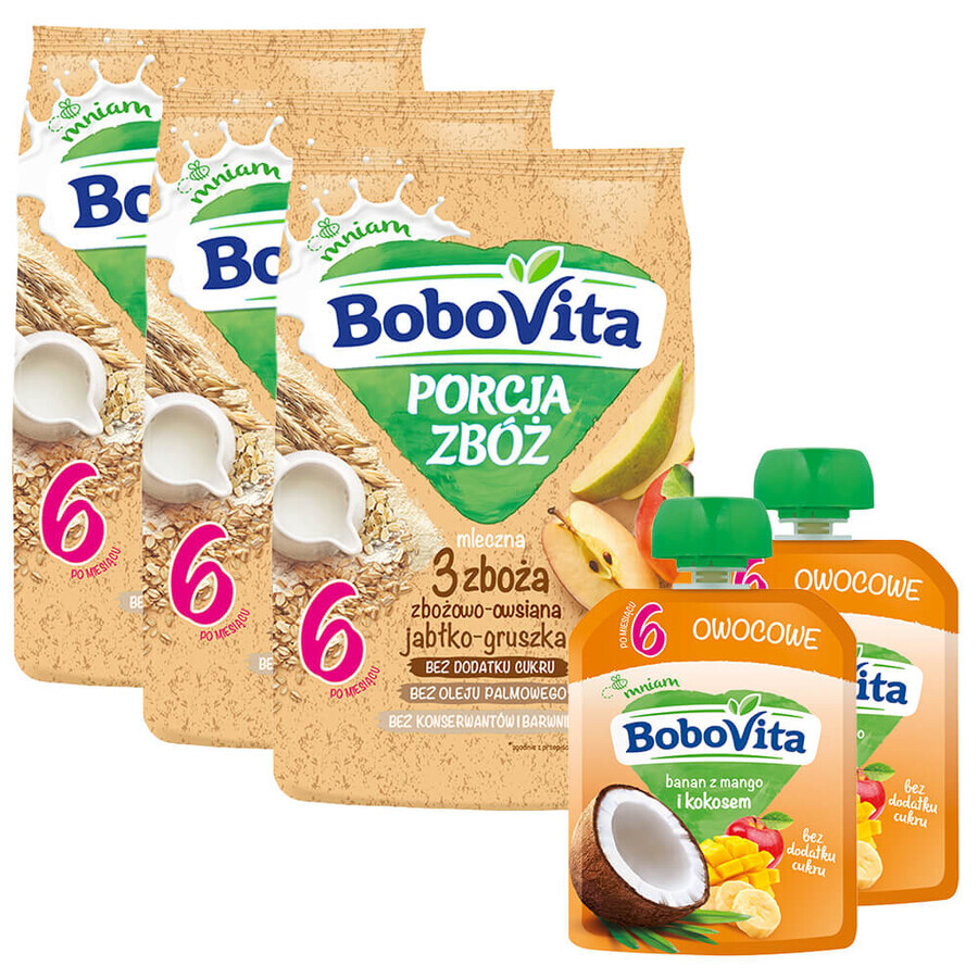 BoboVita Porcja Zbóż Brei Getreide 3 Getreide, Apfel und Birne, Milch, nach 6 Monaten, 3 x 210 g + Mousse in der Tube, Banane mit Mango und Kokosnuss, 2 x 80 g frei