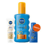 Nivea Sun Luminous 630 Set, flüssiger Sonnenschutz für das Gesicht, SPF 50+, 50 ml + Spray-Bräunungslotion, SPF 50, 200 ml + Bräunungslotion, SPF 30, 30 ml gratis