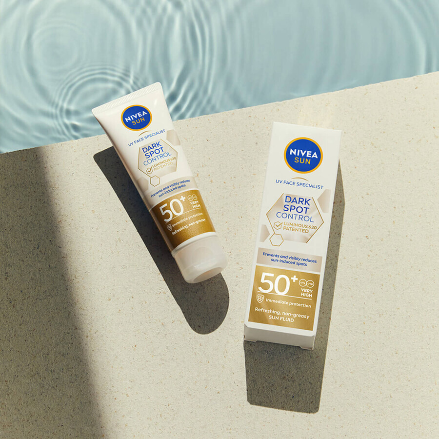 Nivea Sun Luminous 630 Set, flüssiger Sonnenschutz für das Gesicht, SPF 50+, 50 ml + Spray-Bräunungslotion, SPF 50, 200 ml + Bräunungslotion, SPF 30, 30 ml gratis