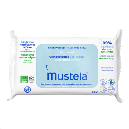 Mustela, lingettes nettoyantes, compostables, non parfumées, dès la naissance, 60 pièces