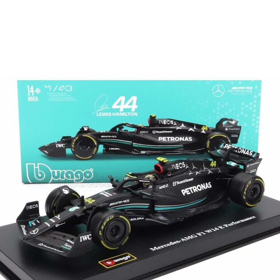 Macheta masinuta Mercedes-AMG F1 W14 E Performance cu casca Lewis Hamilton, 14 ani +, 1:43, Bburago