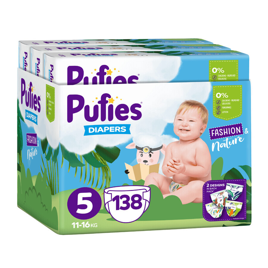 Windeln Junior Trio Pack Fashion & Nature, Nr. 5, 11-16 kg, 138 Stück, Pufies