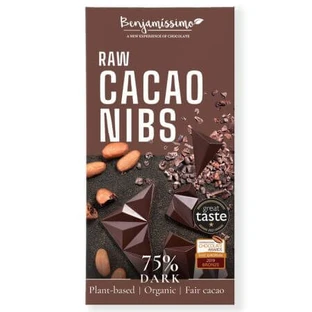 Zartbitterschokolade 75% Bio-Bitterschokolade mit Kakaonibs, 60 g, Benjamissimo