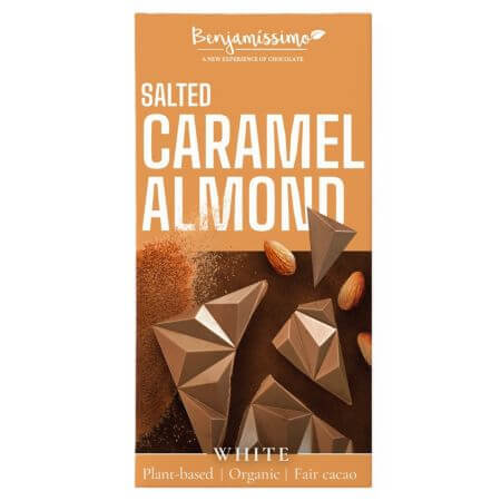 Cioccolato bianco biologico con mandorle e caramello salato, 60 g, Benjamisimo