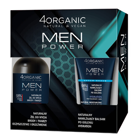 4Organic Men Power Set, Reinigungsgel für Bart und Gesicht, 200 ml + feuchtigkeitsspendender Aftershave-Balsam, Sensitive, 150 ml