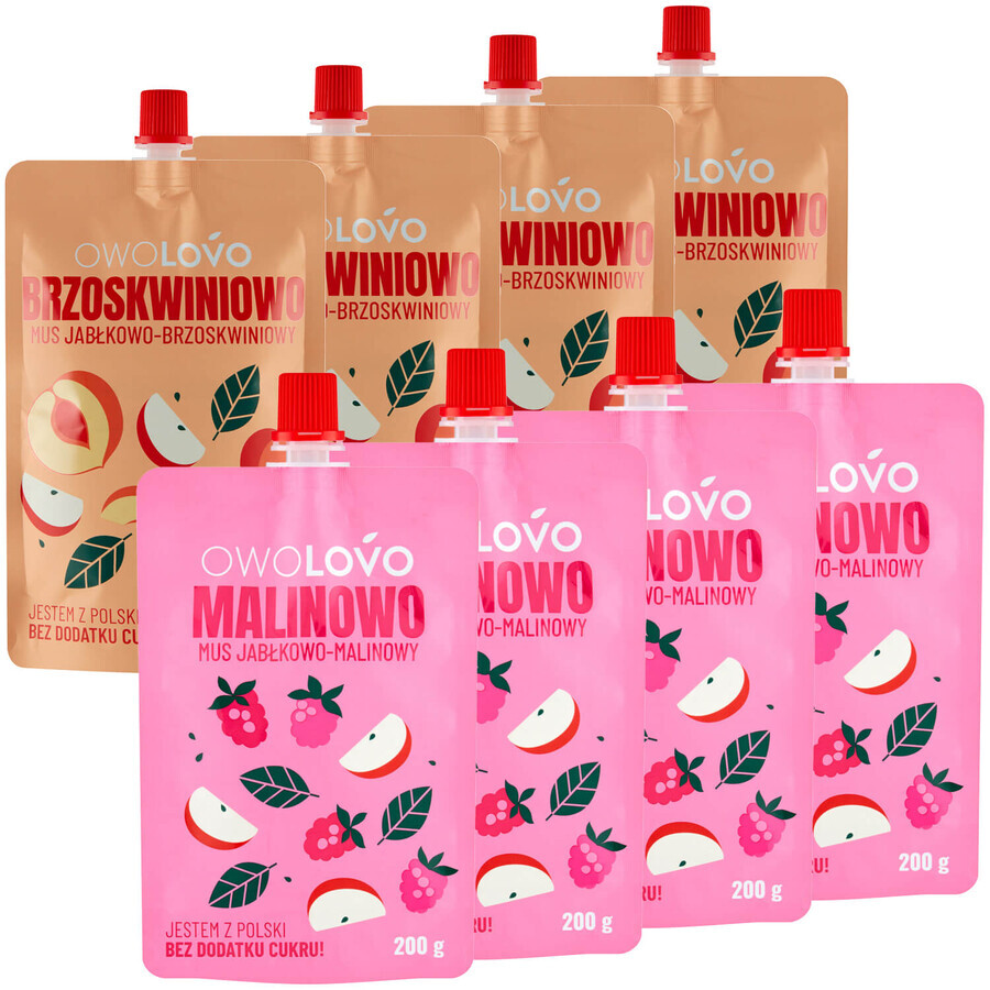 Set Owolovo Mousse de melocotón y manzana en tubo, 4 x 200 g + Mousse de frambuesa y manzana en tubo, 4 x 200 g