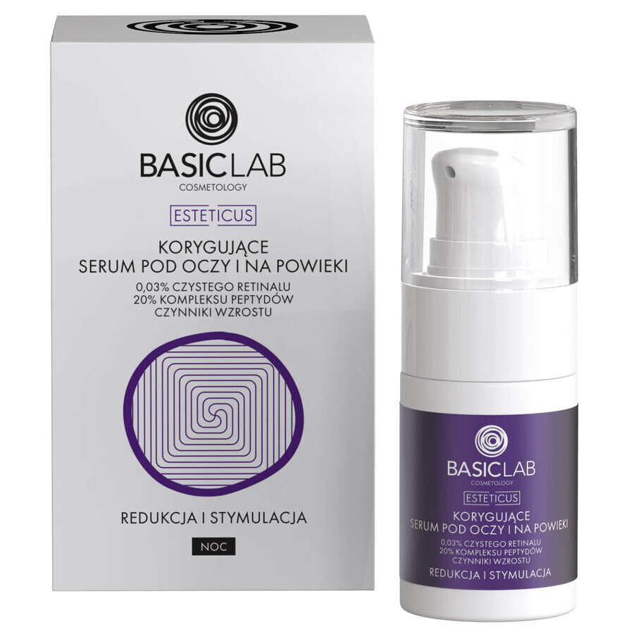 BasicLab Esteticus, suero corrector de ojos y párpados con retinal puro al 0,03%, para la noche, 15 ml