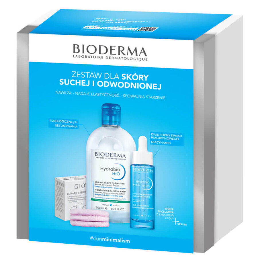 Set Bioderma Hydrabio, Hyalu+, sérum, 30 ml + H2O, liquide micellaire, 500 ml + glov, tampons cosmétiques, 3 pièces