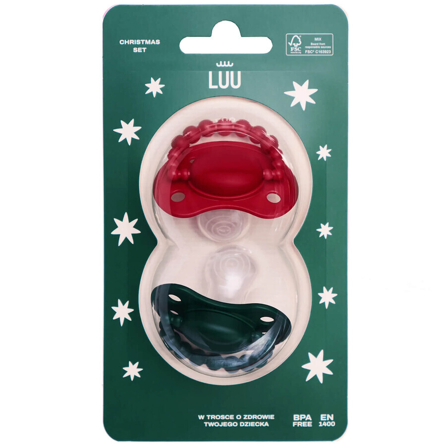 Luu Kids set, dummy, positioning, silicone, Holy Green & Santa Red, 0-3 months, 2 pieces