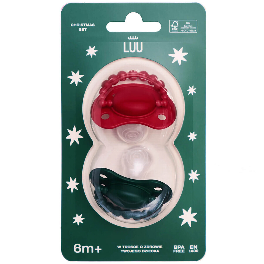 Luu Kids set, chupete, posicionamiento, silicona, Holy Green & Santa Red, a partir de 6 meses, 2 piezas