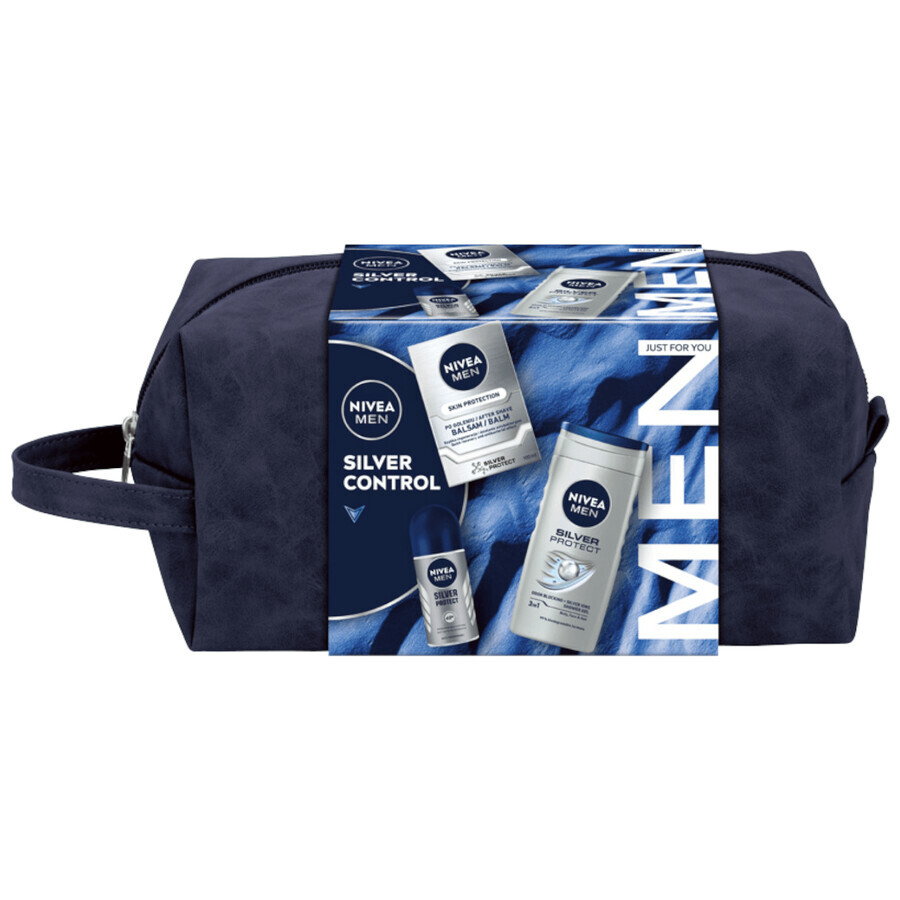 Nivea Men Silver Control Kit, Aftershave Balsam 100 ml + Duschgel 250 ml + Anti-Transpirant Roll-on 50 ml + kostenloses Make-up-Set