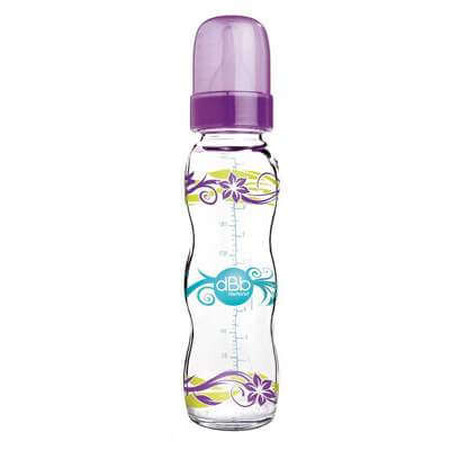 Biberon de sticla cu tetina din silicon violet decorat Floralies, 290 ml, +4 luni, 108222, dBb Remond