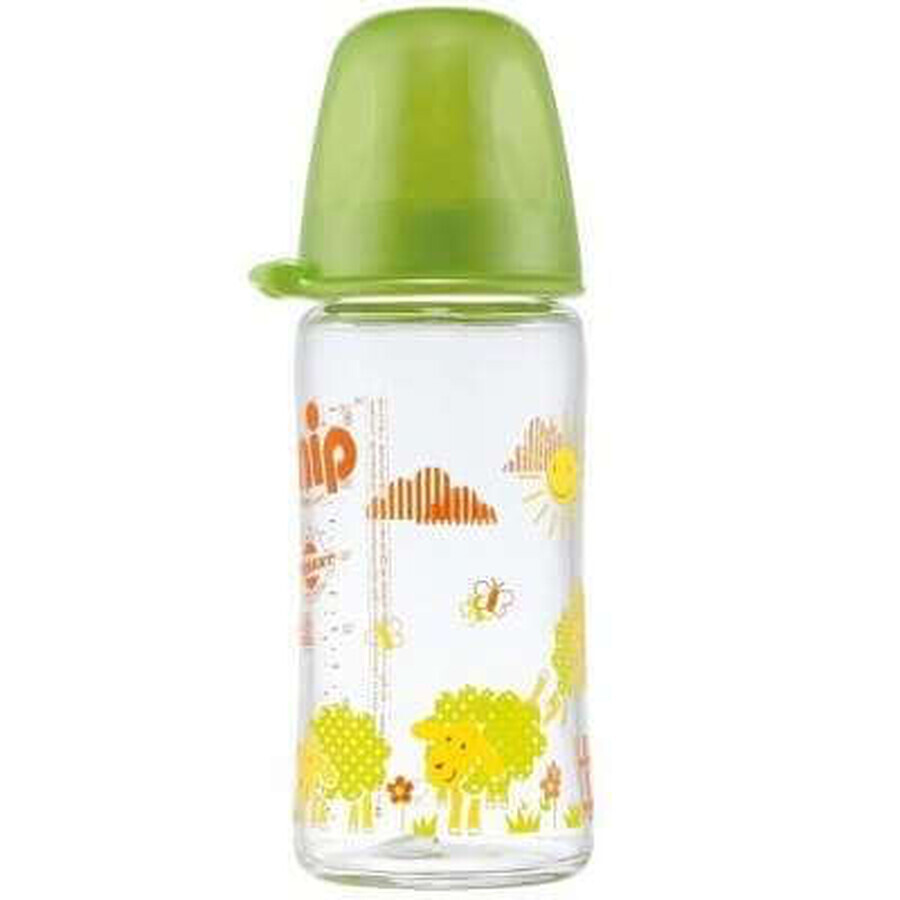 Biberon din sticlă cu gât larg cu tetina silicop pentru lapte verde nr.1, 240 ml, 35063, Nip