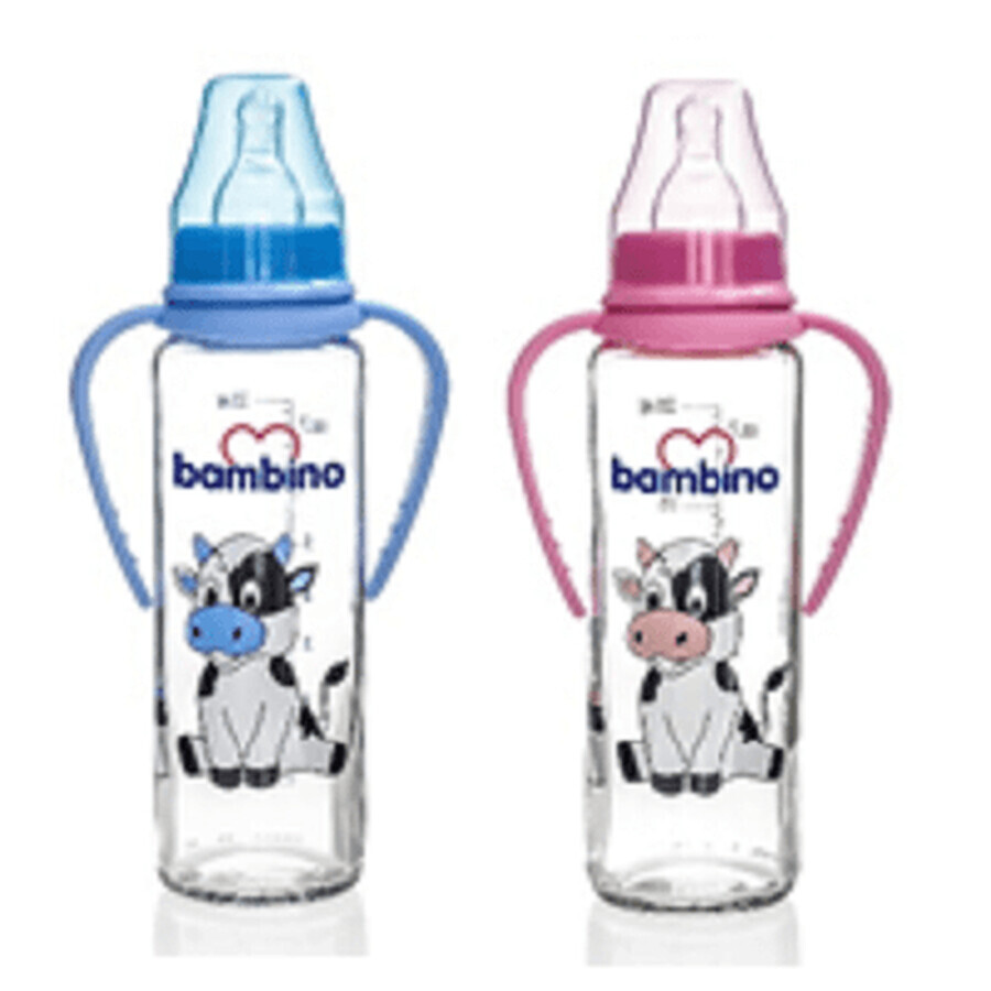 Biberon din sticla cu manere, +0luni, 225ml, Bambino