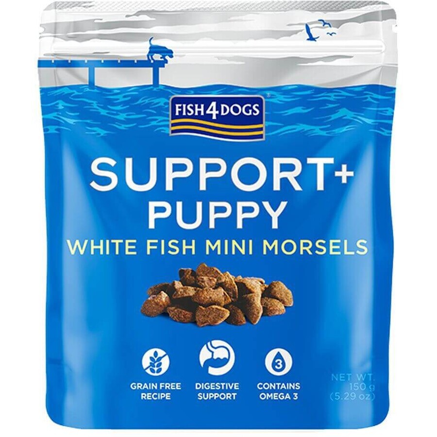 Fish4Dogs Puppy golosinas para cachorros para favorecer la digestión con trocitos de pescado blanco y prebióticos 150 g