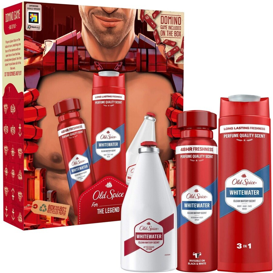 Old Spice Ironman pour hommes : set comprenant un déodorant en spray, un gel douche et un après-rasage Whitewater au parfum frais.