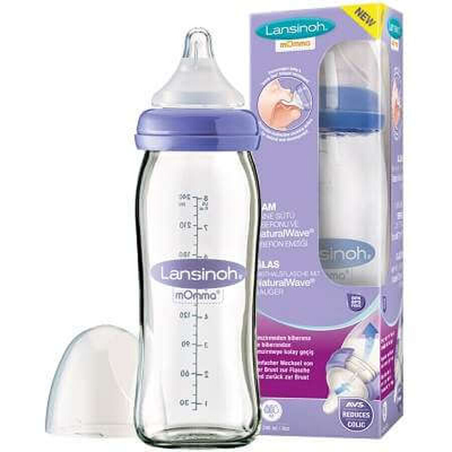 Biberon sticla 240 ml cu tetina silicon, 0-12 luni, Lansinoh Momma