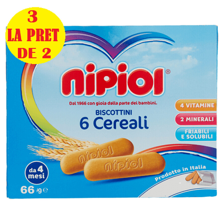 Biscuiți cu 6 cereale, +4 luni, 3x 66 g, Nipiol