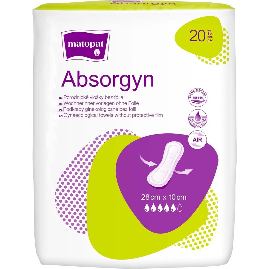 Matopat Absorgyn tampons gynécologiques post-partum sans film 28 cm x 10 cm, 20 pcs