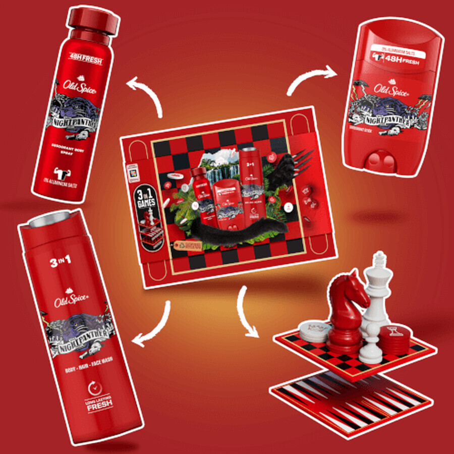 Old Spice Gamebox - Geschenkset mit festem und Spray-Deodorant, Duschgel und 3 Spielen