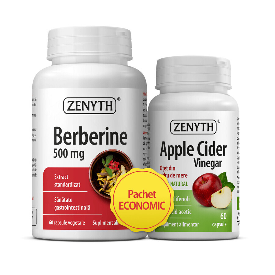 Envase Berberina 500 mg y Vinagre de Sidra de Manzana, 2x60 cápsulas, Zenyth