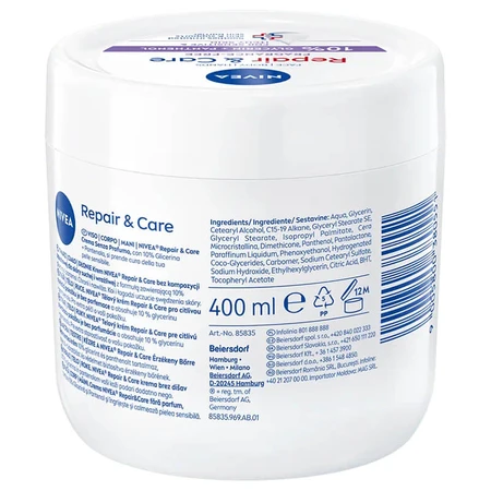Nivea Repair & Care Sensitive crème hydratante et protectrice multifonctionnelle au panthénol, sans parfum, peau sensible, 400 ml