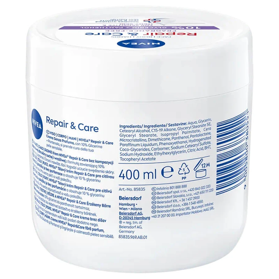 Nivea Repair & Care Sensitive crème hydratante et protectrice multifonctionnelle au panthénol, sans parfum, peau sensible, 400 ml