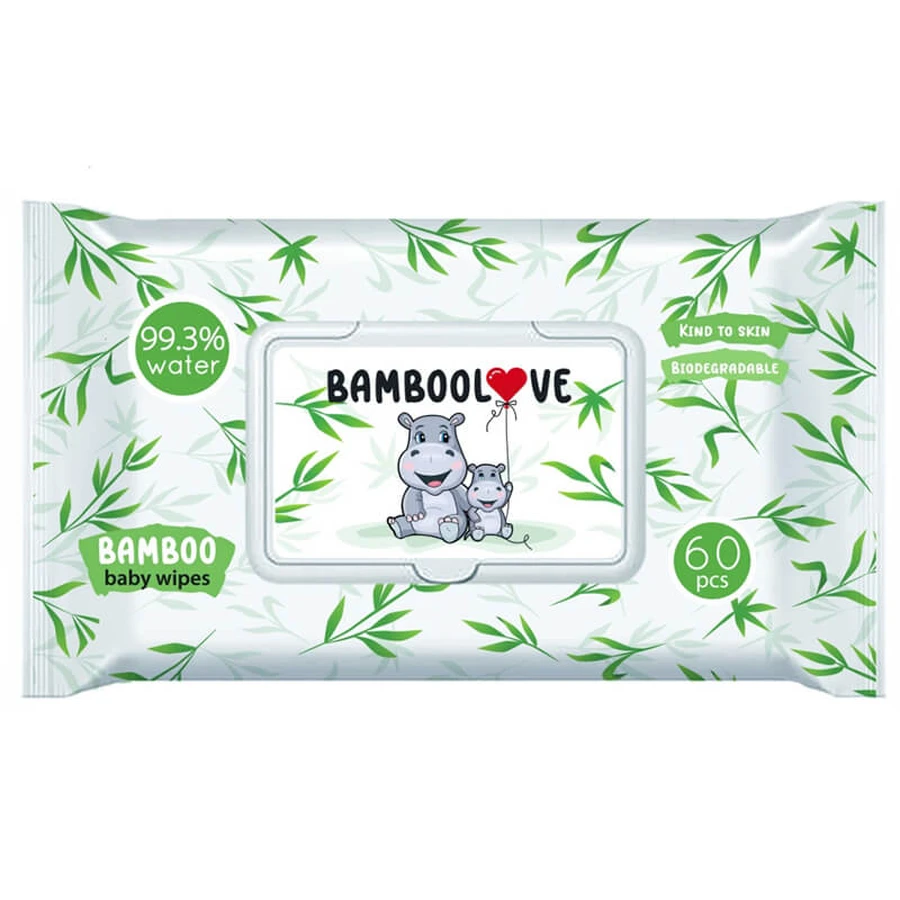 Bamboolove, salviette umidificate in bambù, biodegradabili, 60 pezzi