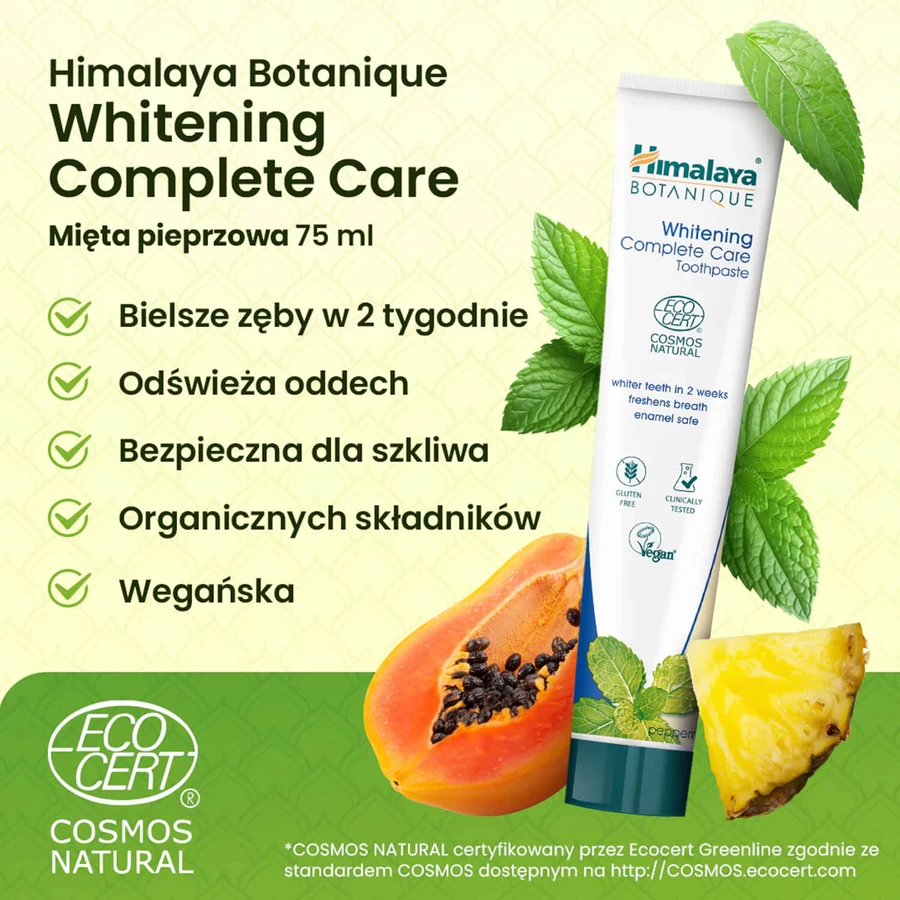 Himalaya Botaniq Complete Care, dentifricio sbiancante, menta piperita, senza fluoro, 75ml
