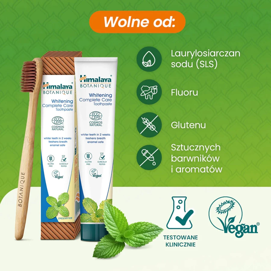 Himalaya Botaniq Complete Care, dentifricio sbiancante, menta piperita, senza fluoro, 75ml