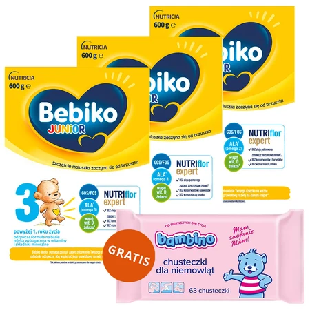 Set Bebiko Junior 3 Nutriflor Expert, formula nutriente a base di latte, oltre 1 anno, 3 x 600 g + Bambino, salviette umidificate, dalla nascita, 63 gratuito