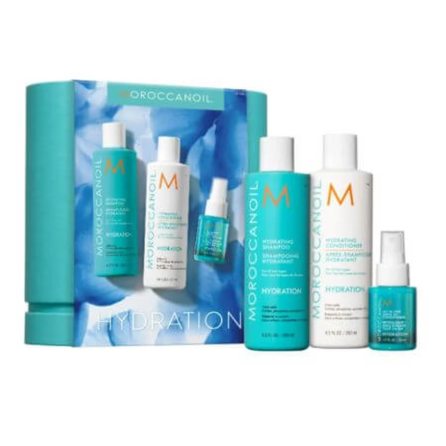 Set Champú hidratante 250 ml + Acondicionador hidratante 250 ml, Mascarilla hidratante 75 ml, Moroccanoil