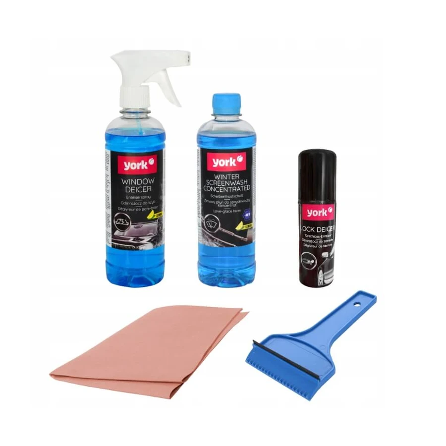 York Car Kit Liquide lave-glace 500 ml + Dégivreur de vitre 500 ml + Dégivreur de serrure 50 ml + Grattoir à vitre + Chiffon anti-buée