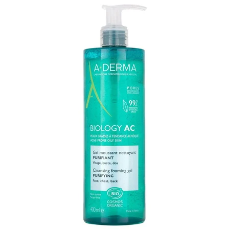 A-Derma Biologie AC Organic Purifying Reinigungsschaumgel für fettige, zu Akne neigende Haut, 400 ml