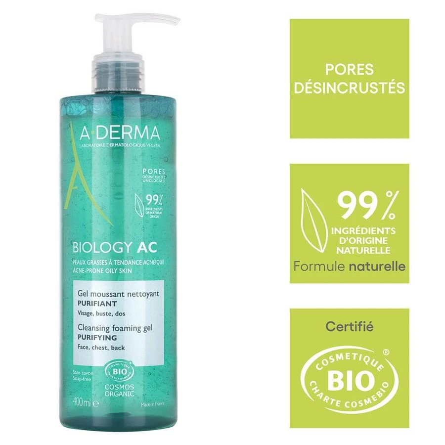 A-Derma Biologie AC Organic Purifying Reinigungsschaumgel für fettige, zu Akne neigende Haut, 400 ml