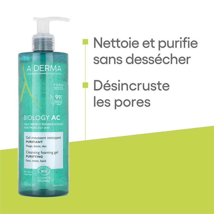 A-Derma Biologie AC Organic Purifying Reinigungsschaumgel für fettige, zu Akne neigende Haut, 400 ml