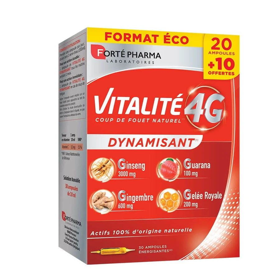 Forté Pharma Vitalité 4G Dynamisant Naturel Ginseng Gingembre Gelée Royale et Guarana 20 + 10 ampoules offertes