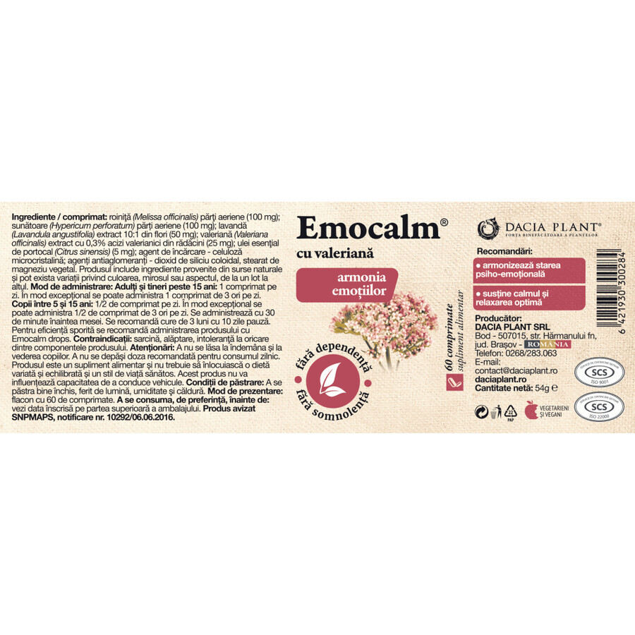 Emocalm with Valerian, 120 tablets, Dacia Plant