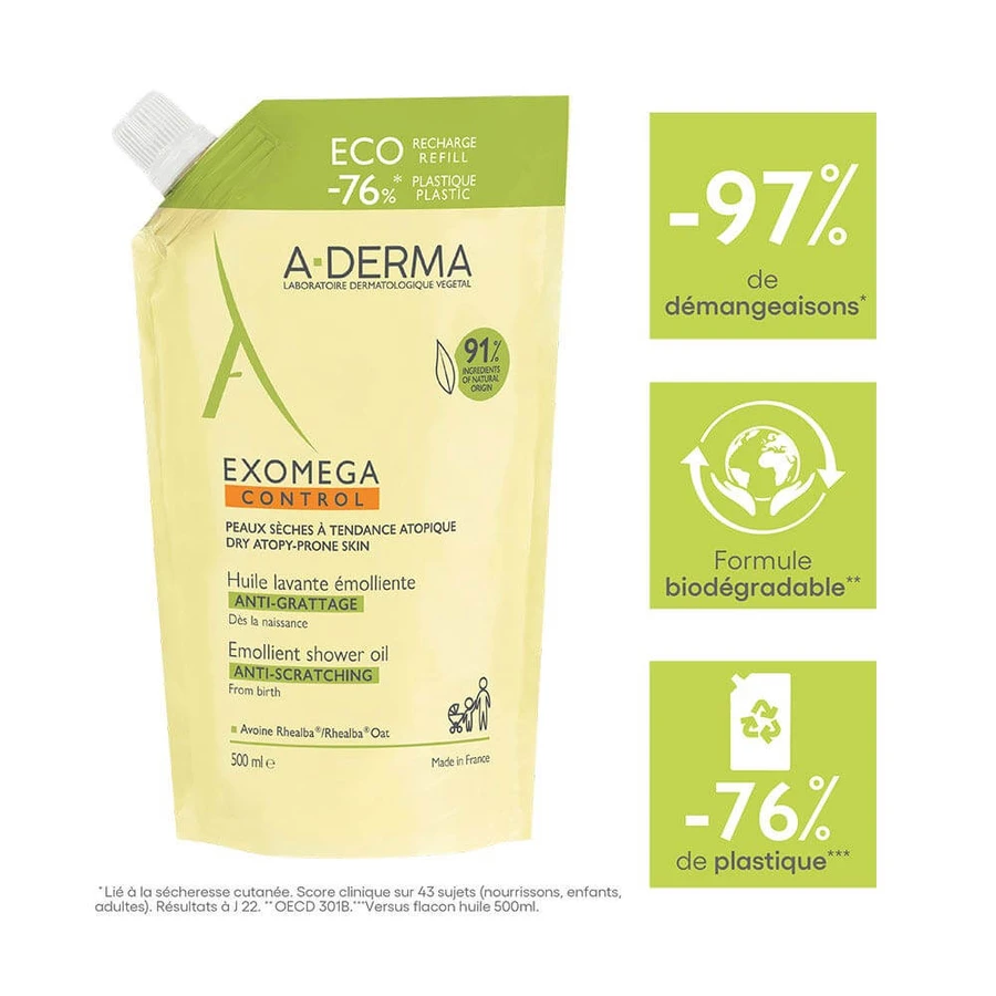 A-Derma Exomega Control Huile Lavante Emolliente Anti-Grattage Eco Recharge 500ml