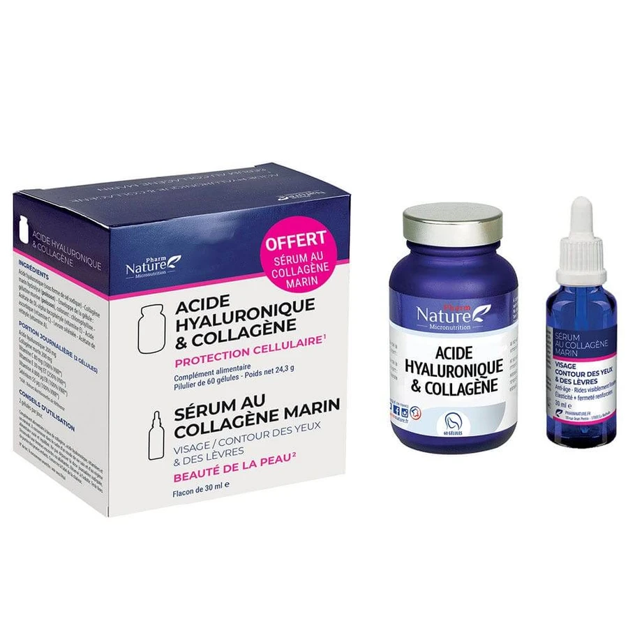 Pharm Nature Micronutrition Acide hyaluronique & collagène 60 gélules Nature Attitude + Sérum au Collagène Marin 30 ml Offert