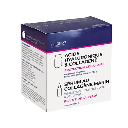 Pharm Nature Micronutrition Acide hyaluronique & collagène 60 gélules Nature Attitude + Sérum au Collagène Marin 30 ml Offert