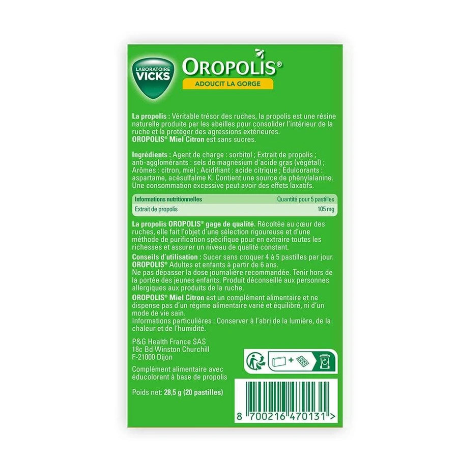 Vicks Oropolis Propolis Honig und Zitrone 20 beruhigende Lutschtabletten für die Kehle