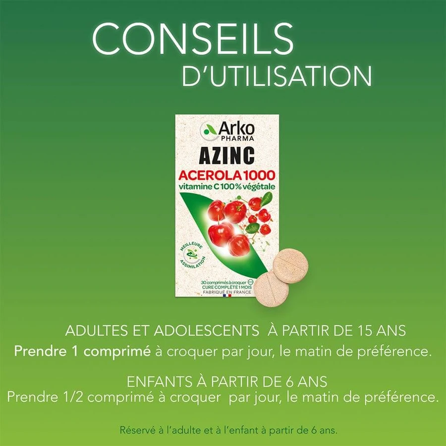 Arkopharma Azinc Acerola 1000 Vitamina C naturală 30 tablete masticabile