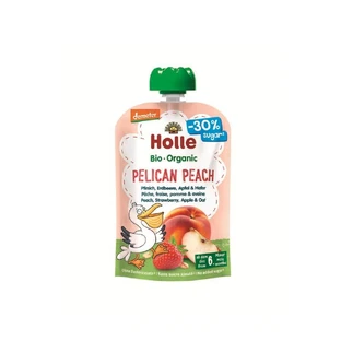 Puré ecológico de melocotones, fresas, manzanas y avena Pelican Peach, 100 g, Holle