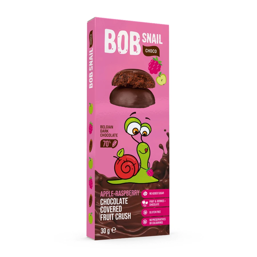Snack fructat cu ciocolata neagra 70%, Zmeura si Mar, 30 g, Bob Snail