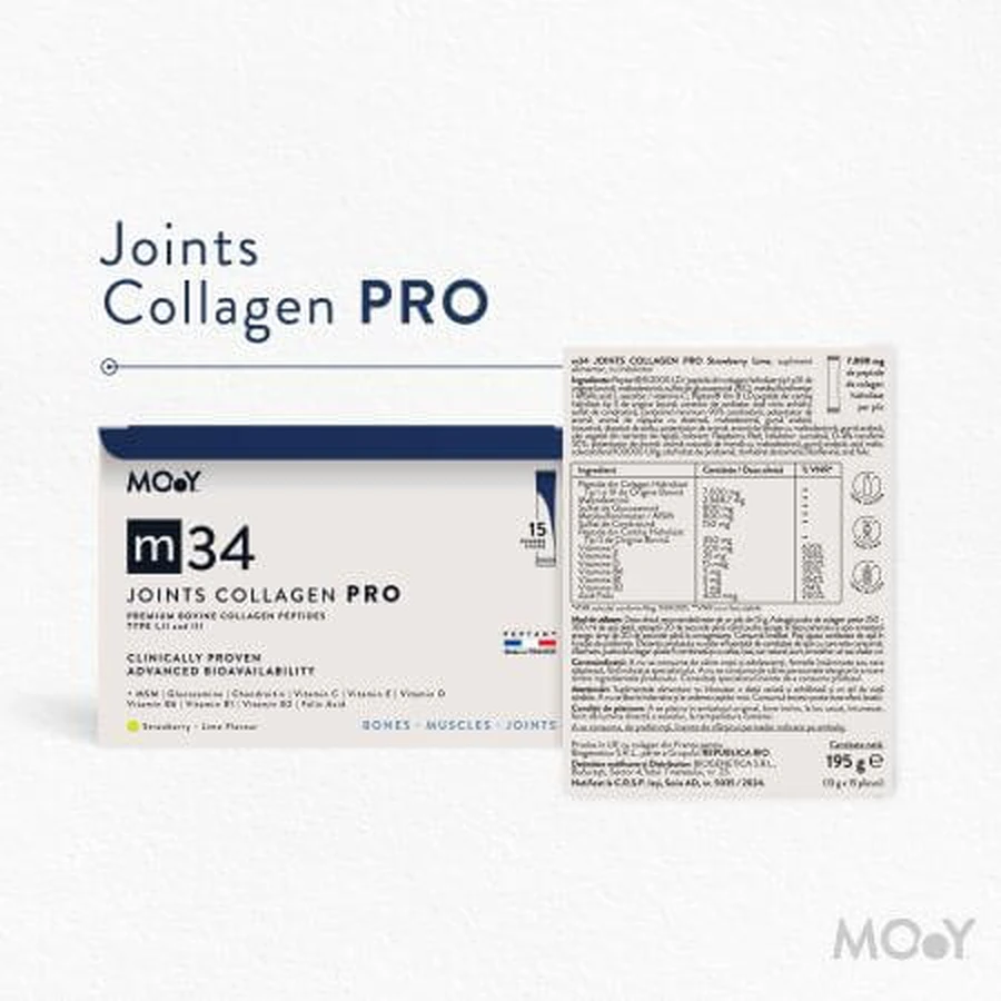 Colagen PRO bovin cu aroma de capsuni, lamaie si menta m34, 15 plicuri x 13 g, Molecules of Youth