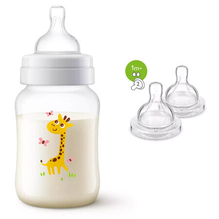 Oferta pachet Biberon PP Clasic+ Girafa 260ml, SCF574/12 si Set tetine Clasic, debit lent, +1 lună, 2 buc, SCF632/27, Philips Avent