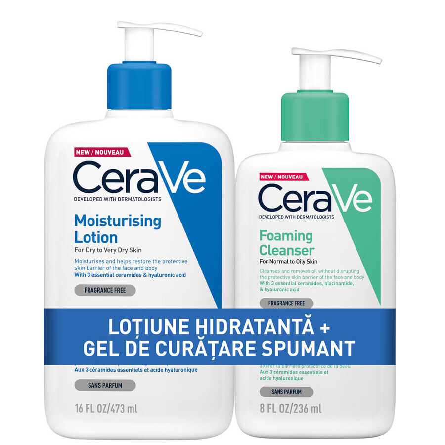 Oferta Pachet Loțiune hidratantă pentru față și corp pentru piele uscată și foarte uscată 473 ml + Gel spumant 236 ml, Cerave